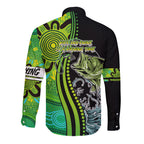 australia-fishing-long-sleeve-button-shirt-aboriginal-rise-and-shine-a-bass-fish-jumps-out-of-water-and-aboriginal-patterns-inspired