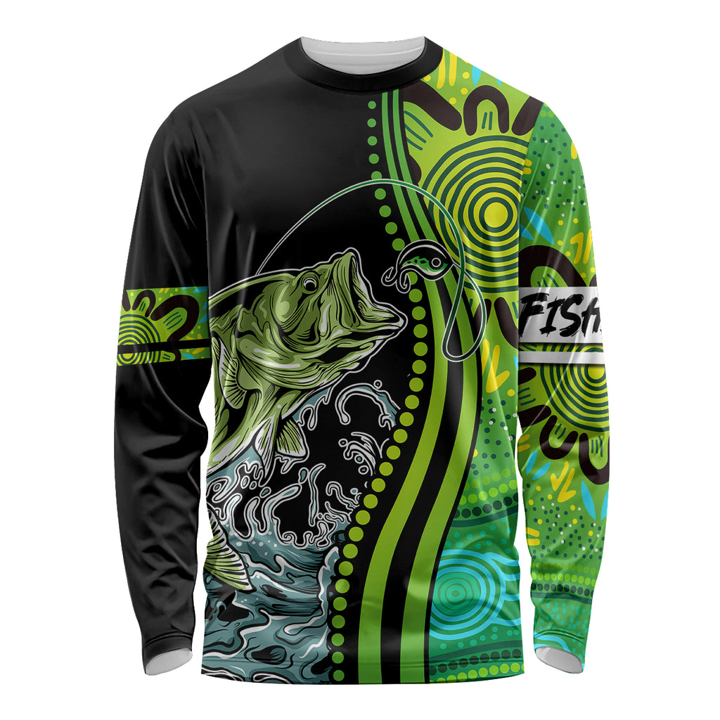 australia-fishing-long-sleeve-shirt-aboriginal-rise-and-shine-a-bass-fish-jumps-out-of-water-and-aboriginal-patterns-inspired