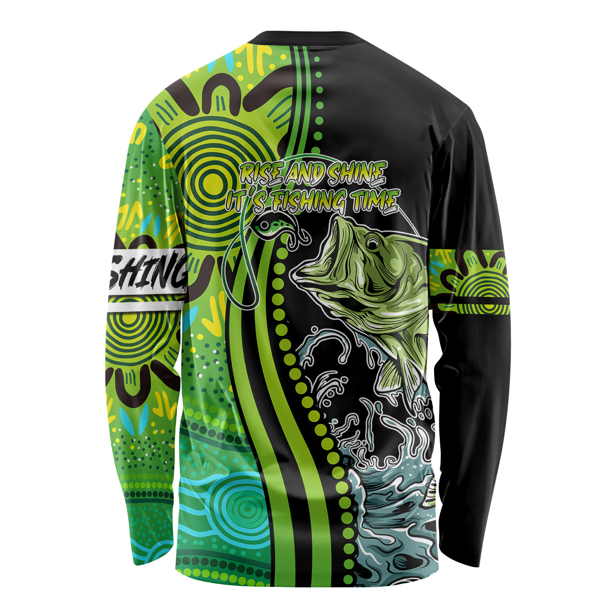 australia-fishing-long-sleeve-shirt-aboriginal-rise-and-shine-a-bass-fish-jumps-out-of-water-and-aboriginal-patterns-inspired