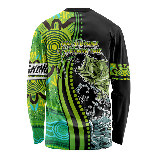 australia-fishing-long-sleeve-shirt-aboriginal-rise-and-shine-a-bass-fish-jumps-out-of-water-and-aboriginal-patterns-inspired