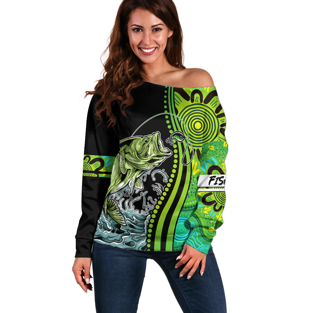 australia-fishing-off-shoulder-sweater-aboriginal-rise-and-shine-a-bass-fish-jumps-out-of-water-and-aboriginal-patterns-inspired