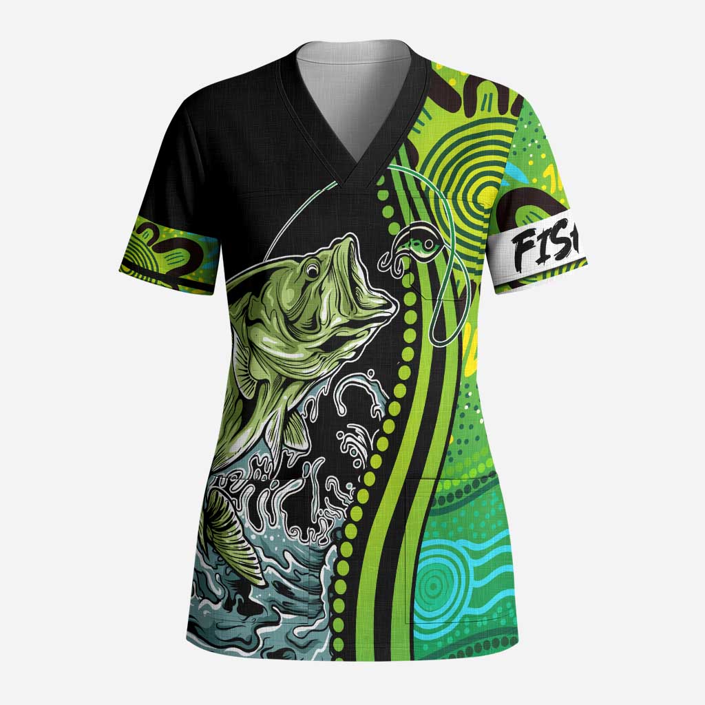 Australia Fishing Scrub Top Aboriginal Rise And Shine A Bass Fish Jumps Out Of Water And Aboriginal Patterns Inspired - Aussie Hoodie
