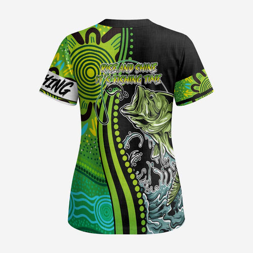 Australia Fishing Scrub Top Aboriginal Rise And Shine A Bass Fish Jumps Out Of Water And Aboriginal Patterns Inspired - Aussie Hoodie