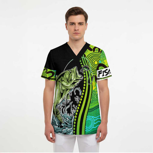 Australia Fishing Scrub Top Aboriginal Rise And Shine A Bass Fish Jumps Out Of Water And Aboriginal Patterns Inspired - Aussie Hoodie