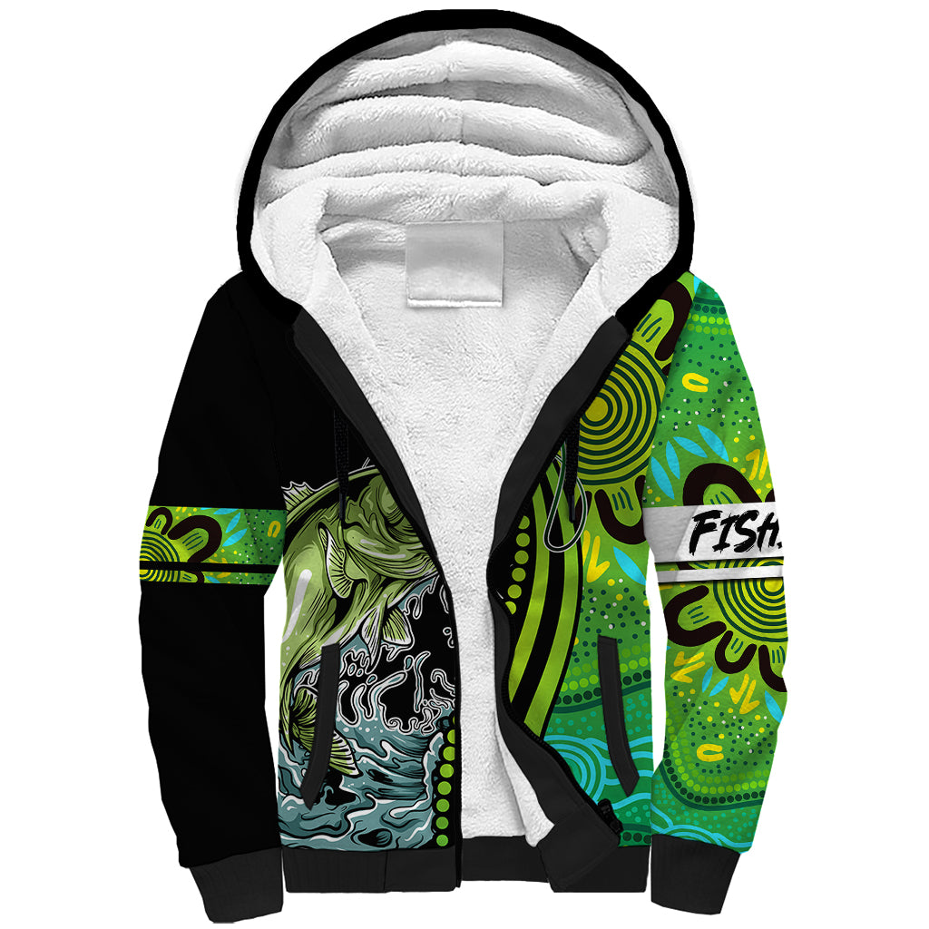 australia-fishing-sherpa-hoodie-aboriginal-rise-and-shine-a-bass-fish-jumps-out-of-water-and-aboriginal-patterns-inspired