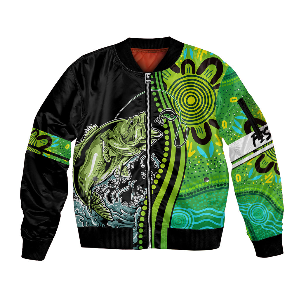 australia-fishing-sleeve-zip-bomber-jacket-aboriginal-rise-and-shine-a-bass-fish-jumps-out-of-water-and-aboriginal-patterns-inspired