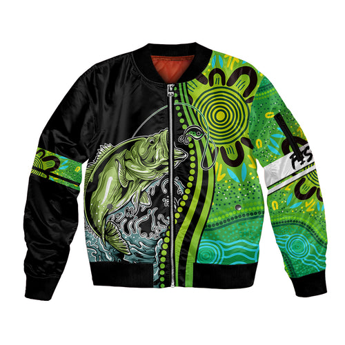 australia-fishing-sleeve-zip-bomber-jacket-aboriginal-rise-and-shine-a-bass-fish-jumps-out-of-water-and-aboriginal-patterns-inspired