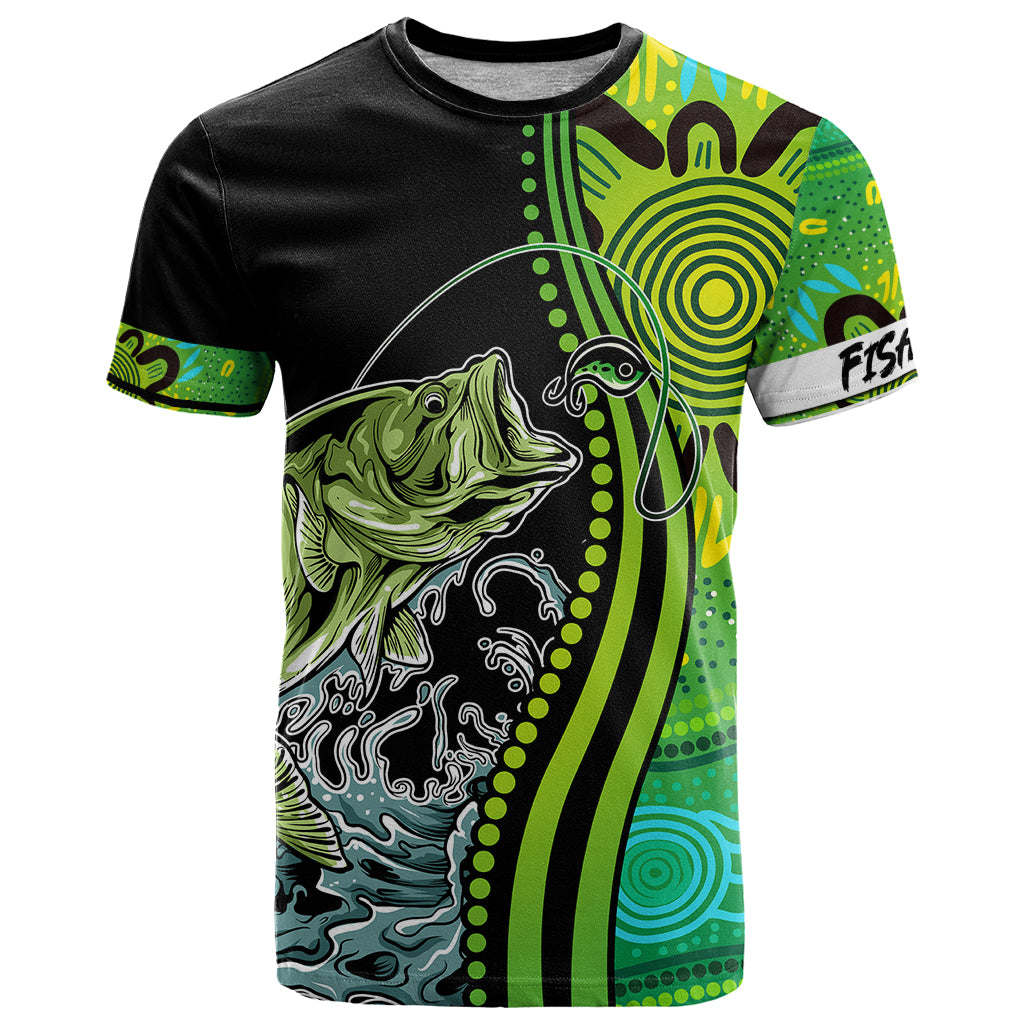 australia-fishing-t-shirt-aboriginal-rise-and-shine-a-bass-fish-jumps-out-of-water-and-aboriginal-patterns-inspired