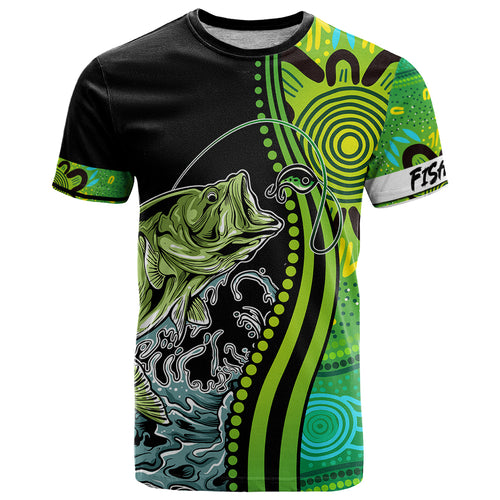 australia-fishing-t-shirt-aboriginal-rise-and-shine-a-bass-fish-jumps-out-of-water-and-aboriginal-patterns-inspired