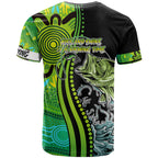 australia-fishing-t-shirt-aboriginal-rise-and-shine-a-bass-fish-jumps-out-of-water-and-aboriginal-patterns-inspired