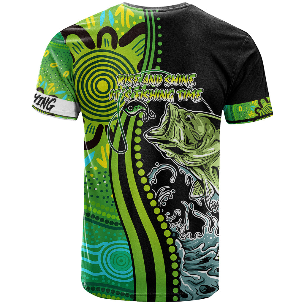 australia-fishing-t-shirt-aboriginal-rise-and-shine-a-bass-fish-jumps-out-of-water-and-aboriginal-patterns-inspired
