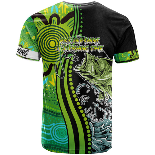 australia-fishing-t-shirt-aboriginal-rise-and-shine-a-bass-fish-jumps-out-of-water-and-aboriginal-patterns-inspired