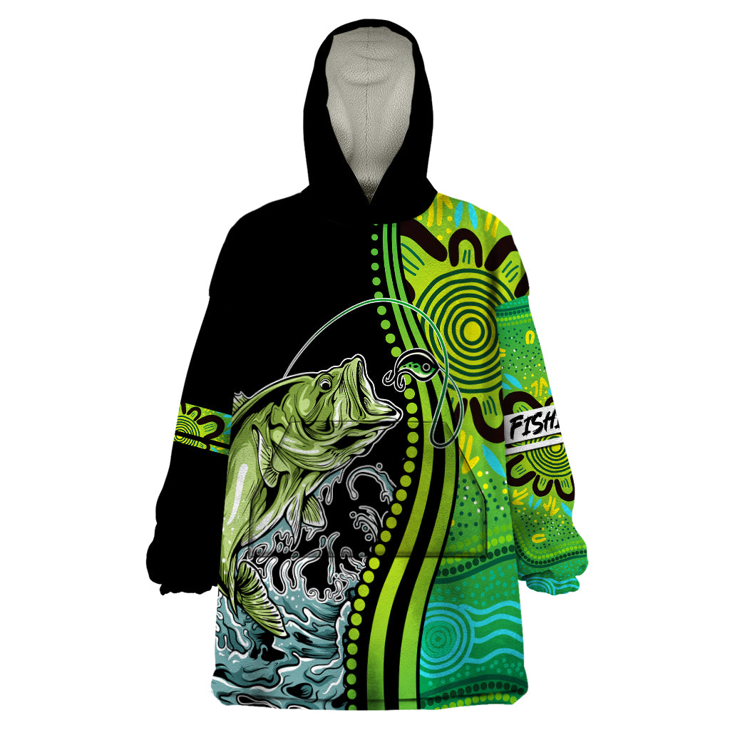 australia-fishing-wearable-blanket-hoodie-aboriginal-rise-and-shine-a-bass-fish-jumps-out-of-water-and-aboriginal-patterns-inspired