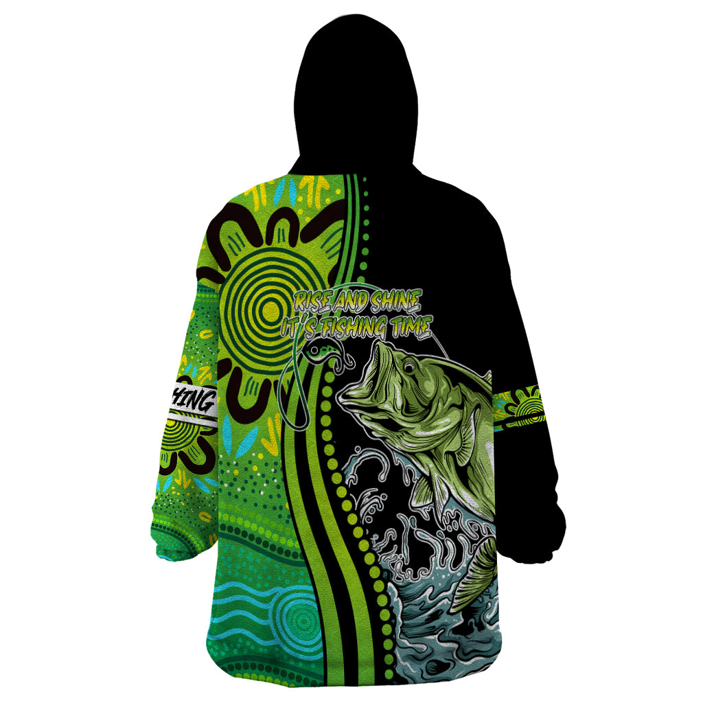 australia-fishing-wearable-blanket-hoodie-aboriginal-rise-and-shine-a-bass-fish-jumps-out-of-water-and-aboriginal-patterns-inspired