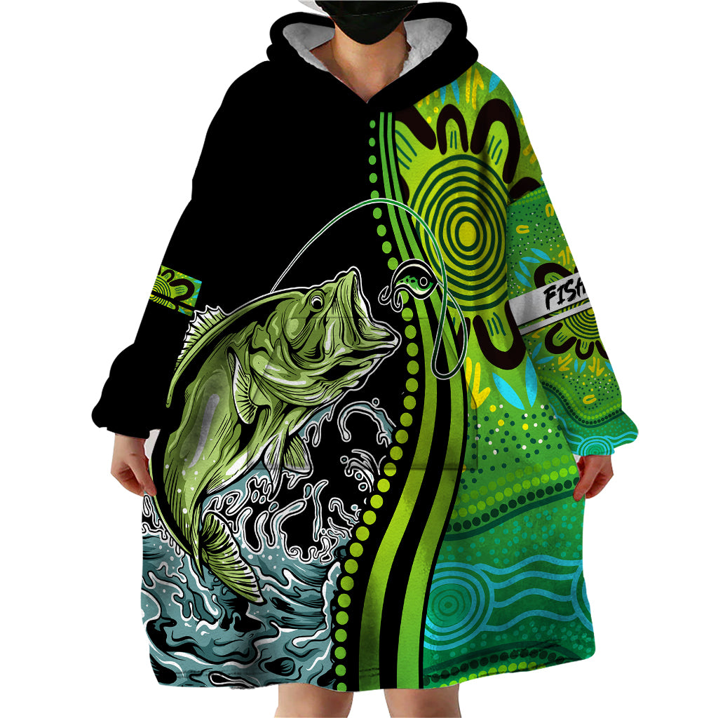 australia-fishing-wearable-blanket-hoodie-aboriginal-rise-and-shine-a-bass-fish-jumps-out-of-water-and-aboriginal-patterns-inspired