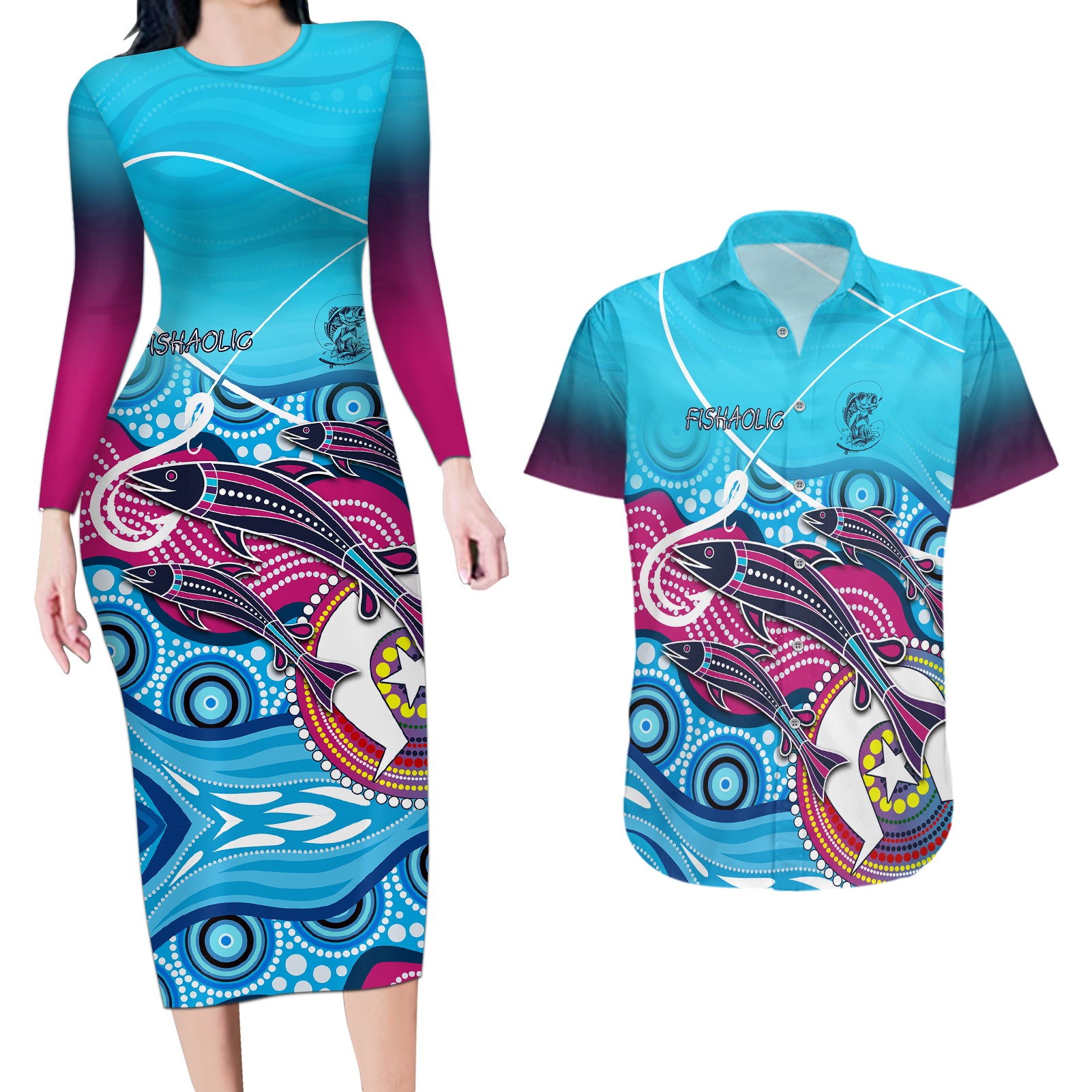 australia-fishing-couples-matching-long-sleeve-bodycon-dress-and-hawaiian-shirt-fishaholic-with-the-dhari-symbol-and-aboriginal-pattern