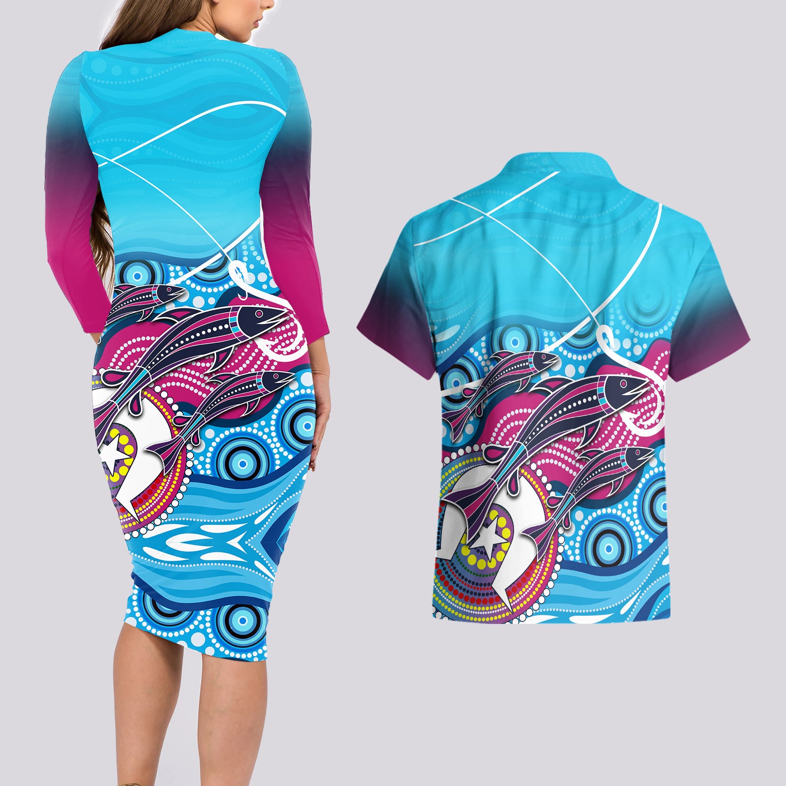 australia-fishing-couples-matching-long-sleeve-bodycon-dress-and-hawaiian-shirt-fishaholic-with-the-dhari-symbol-and-aboriginal-pattern
