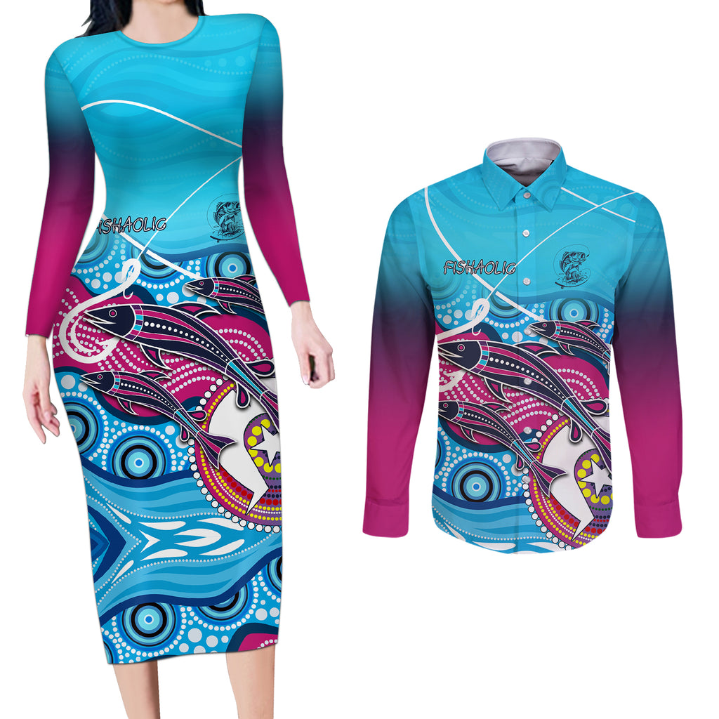 australia-fishing-couples-matching-long-sleeve-bodycon-dress-and-long-sleeve-button-shirts-fishaholic-with-the-dhari-symbol-and-aboriginal-pattern