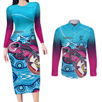 australia-fishing-couples-matching-long-sleeve-bodycon-dress-and-long-sleeve-button-shirts-fishaholic-with-the-dhari-symbol-and-aboriginal-pattern