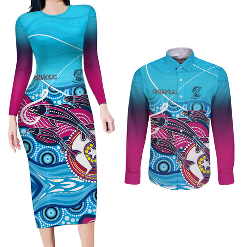 australia-fishing-couples-matching-long-sleeve-bodycon-dress-and-long-sleeve-button-shirts-fishaholic-with-the-dhari-symbol-and-aboriginal-pattern
