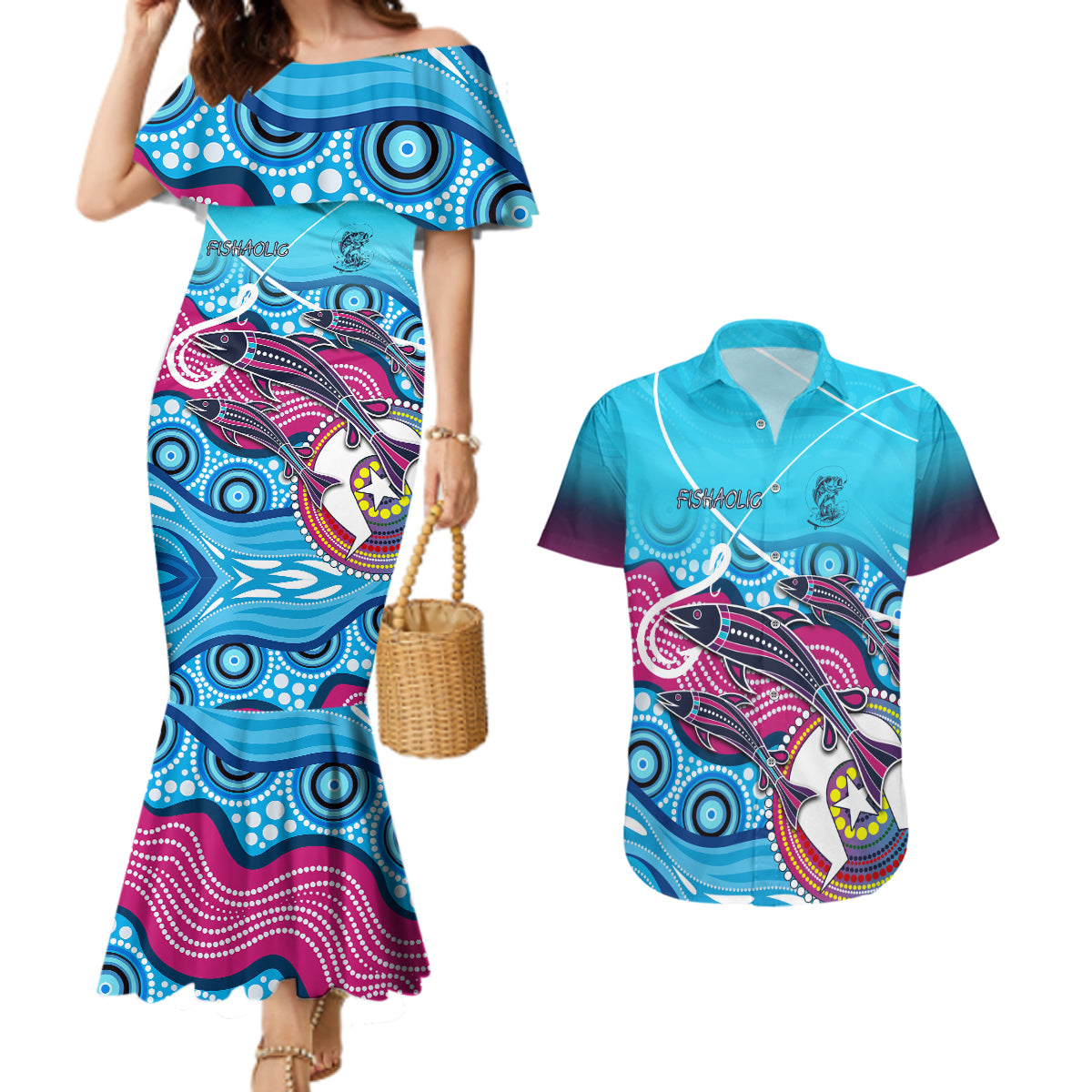australia-fishing-couples-matching-mermaid-dress-and-hawaiian-shirt-fishaholic-with-the-dhari-symbol-and-aboriginal-pattern