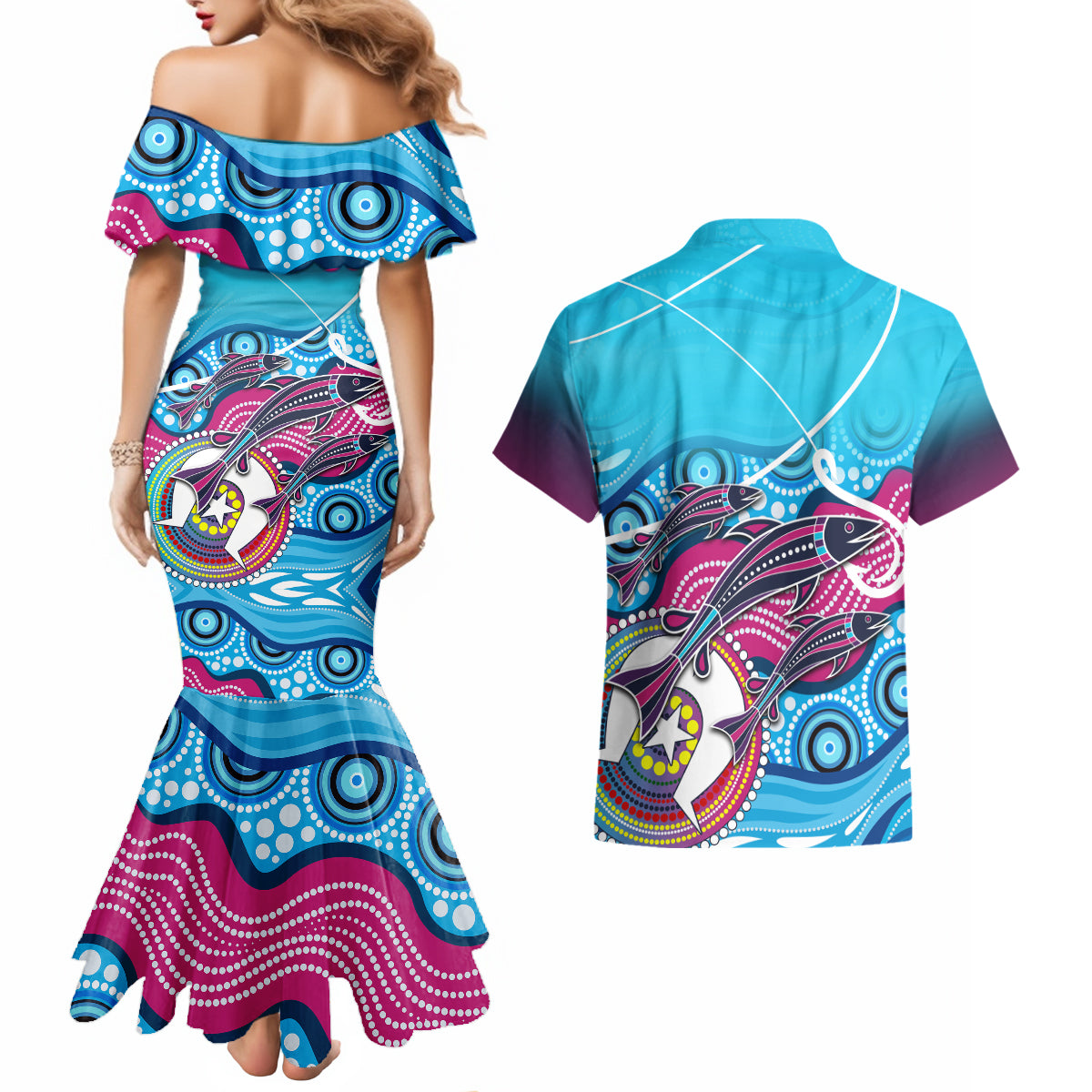 australia-fishing-couples-matching-mermaid-dress-and-hawaiian-shirt-fishaholic-with-the-dhari-symbol-and-aboriginal-pattern
