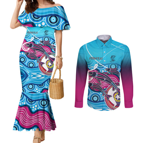 australia-fishing-couples-matching-mermaid-dress-and-long-sleeve-button-shirts-fishaholic-with-the-dhari-symbol-and-aboriginal-pattern