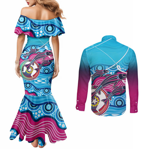 australia-fishing-couples-matching-mermaid-dress-and-long-sleeve-button-shirts-fishaholic-with-the-dhari-symbol-and-aboriginal-pattern