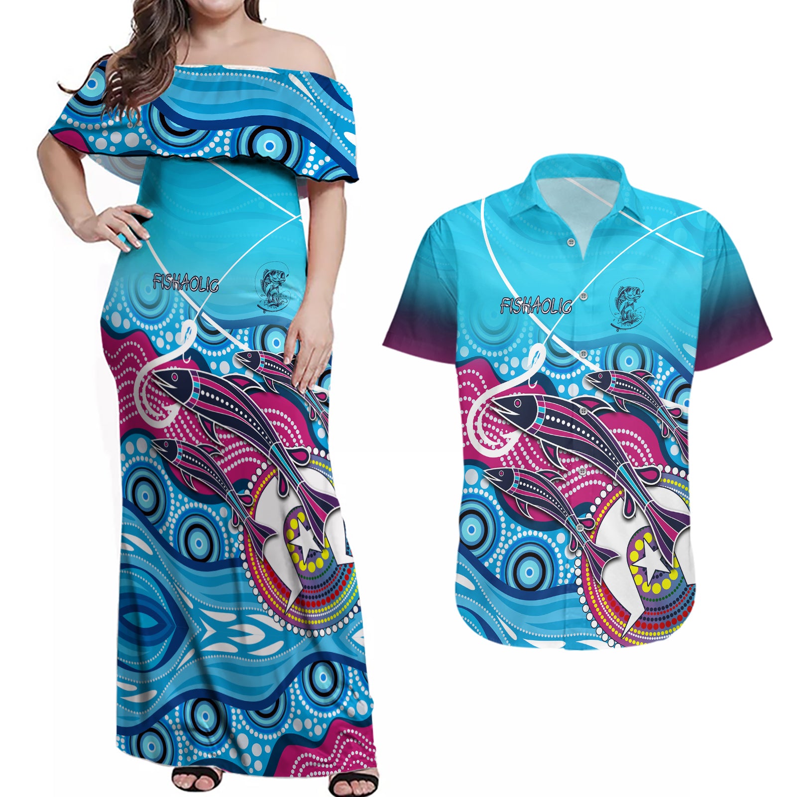 australia-fishing-couples-matching-off-shoulder-maxi-dress-and-hawaiian-shirt-fishaholic-with-the-dhari-symbol-and-aboriginal-pattern