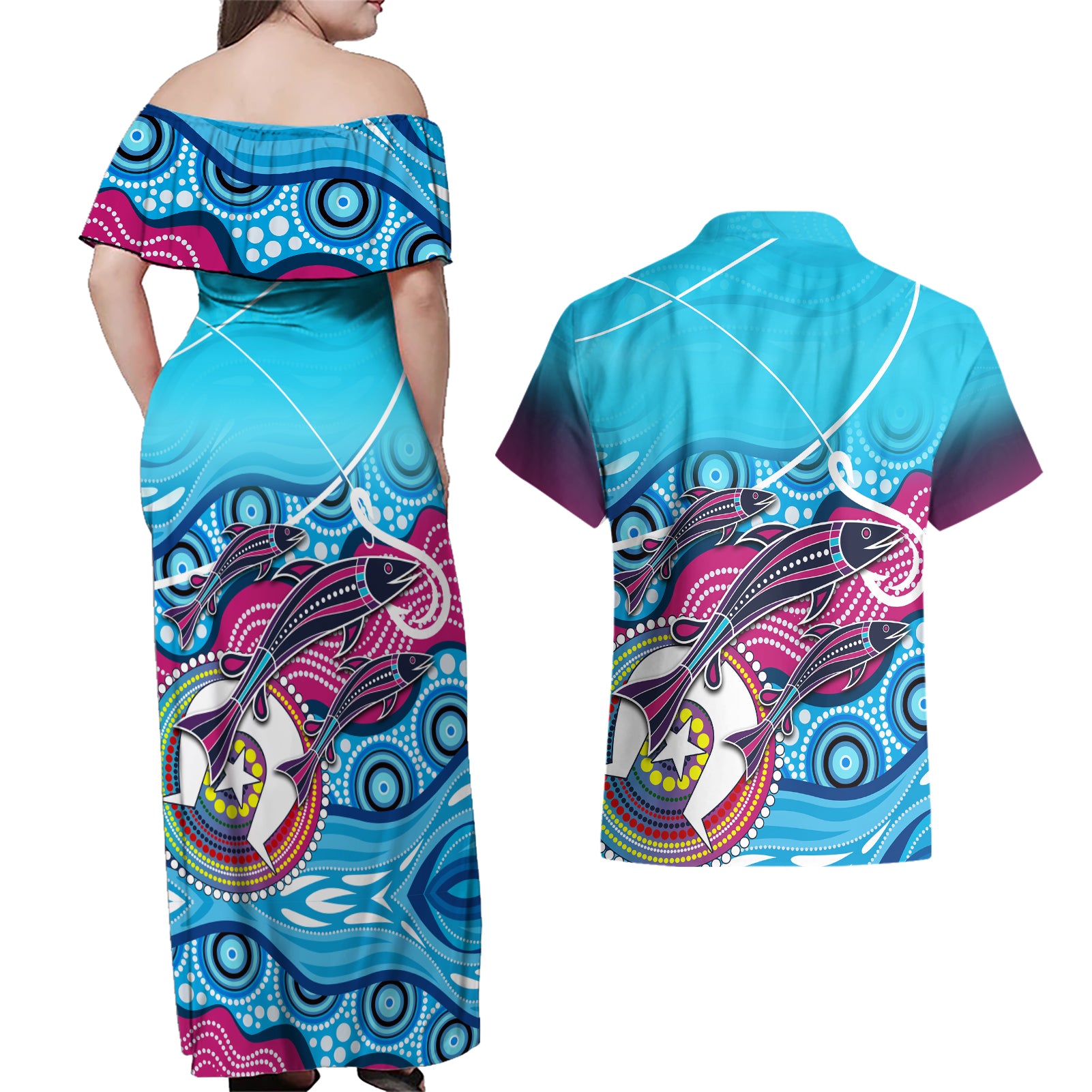 australia-fishing-couples-matching-off-shoulder-maxi-dress-and-hawaiian-shirt-fishaholic-with-the-dhari-symbol-and-aboriginal-pattern