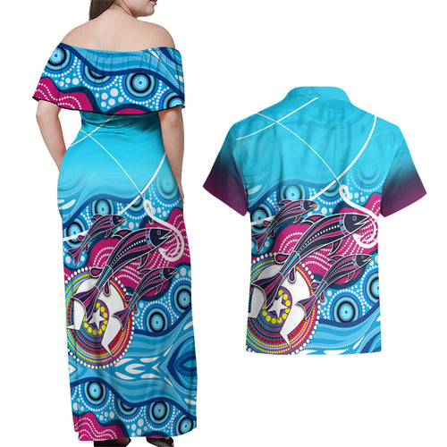 australia-fishing-couples-matching-off-shoulder-maxi-dress-and-hawaiian-shirt-fishaholic-with-the-dhari-symbol-and-aboriginal-pattern
