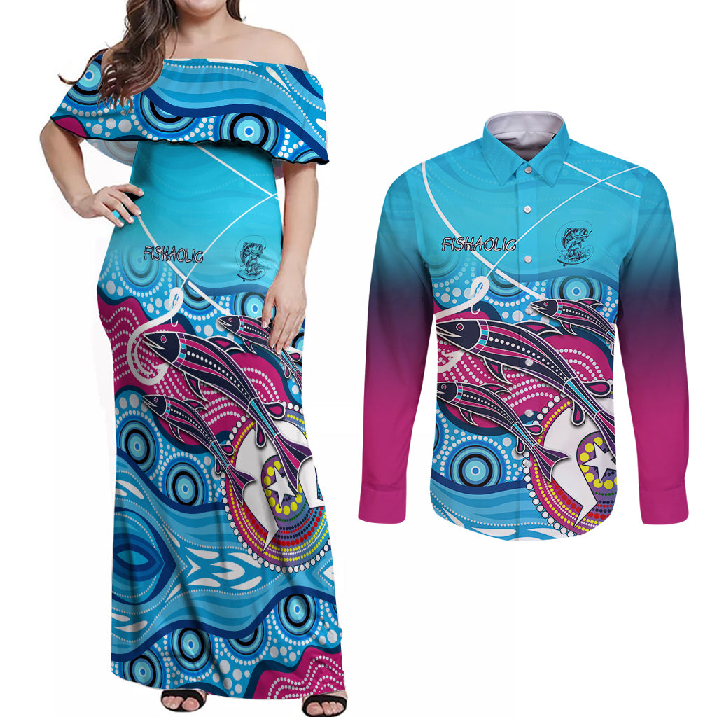 australia-fishing-couples-matching-off-shoulder-maxi-dress-and-long-sleeve-button-shirts-fishaholic-with-the-dhari-symbol-and-aboriginal-pattern