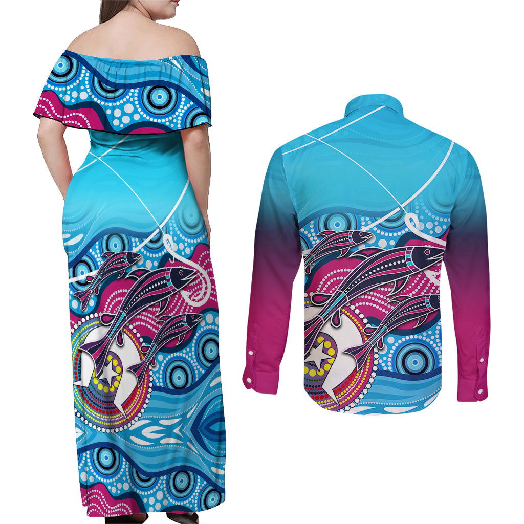 australia-fishing-couples-matching-off-shoulder-maxi-dress-and-long-sleeve-button-shirts-fishaholic-with-the-dhari-symbol-and-aboriginal-pattern