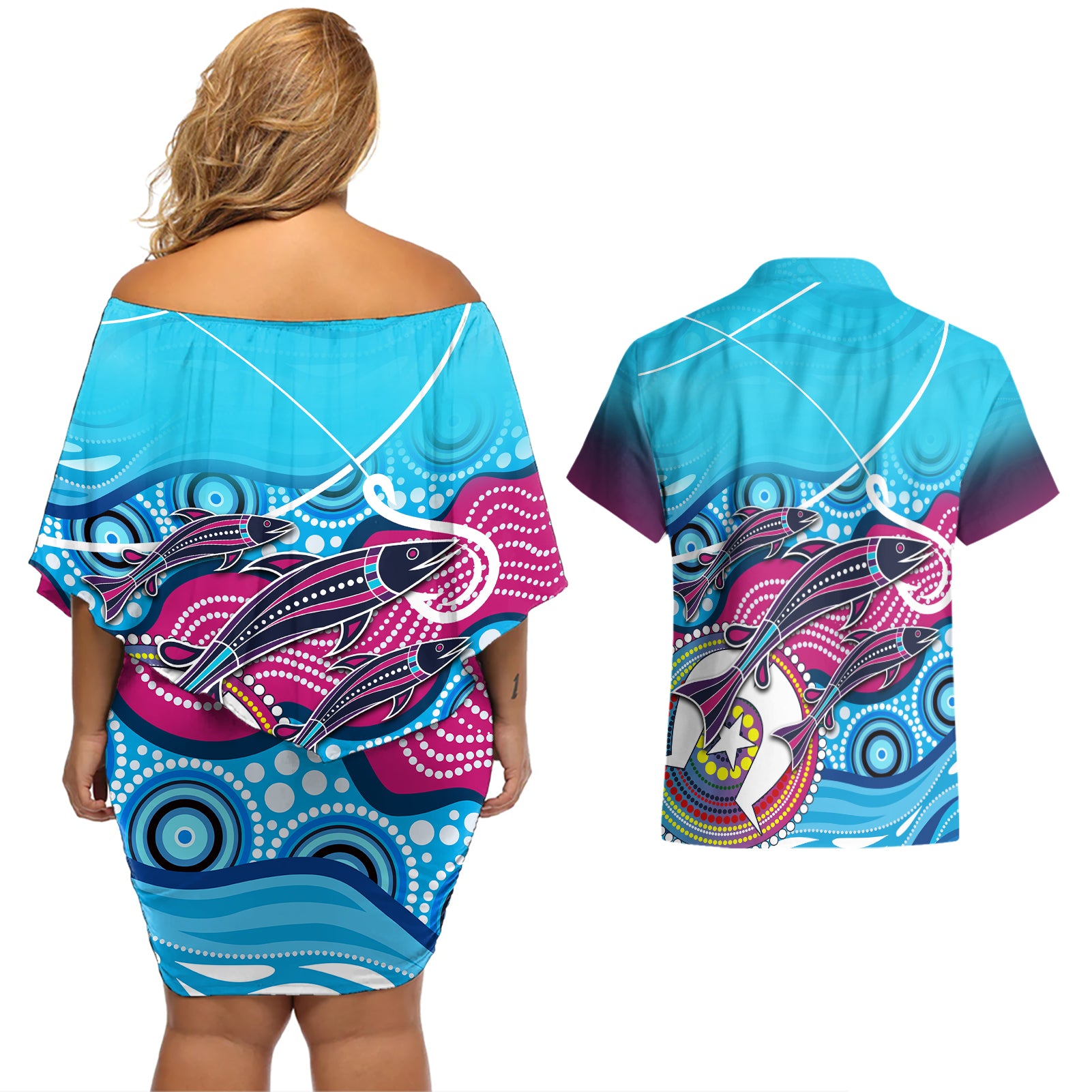 australia-fishing-couples-matching-off-shoulder-short-dress-and-hawaiian-shirt-fishaholic-with-the-dhari-symbol-and-aboriginal-pattern