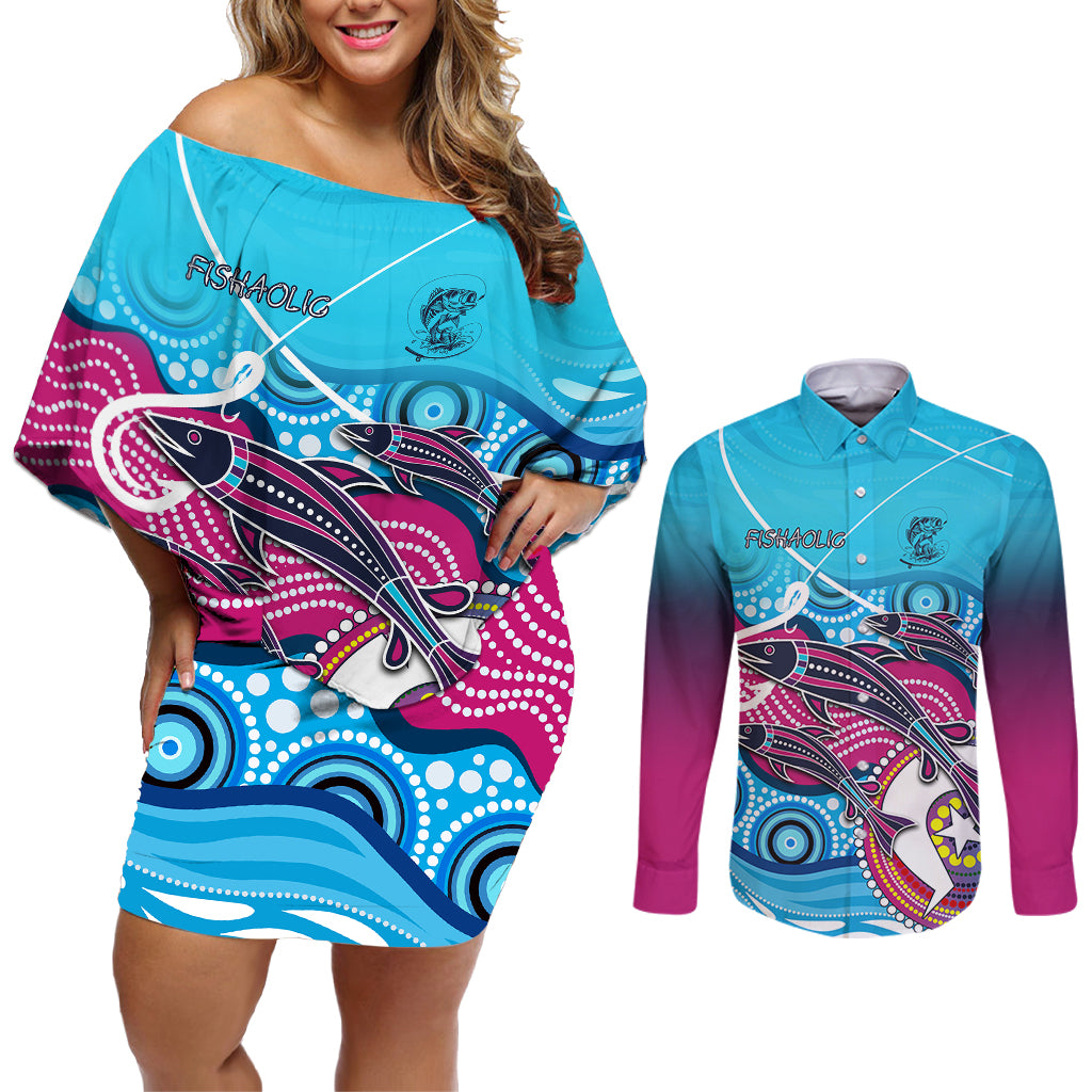 australia-fishing-couples-matching-off-shoulder-short-dress-and-long-sleeve-button-shirts-fishaholic-with-the-dhari-symbol-and-aboriginal-pattern