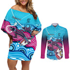australia-fishing-couples-matching-off-shoulder-short-dress-and-long-sleeve-button-shirts-fishaholic-with-the-dhari-symbol-and-aboriginal-pattern