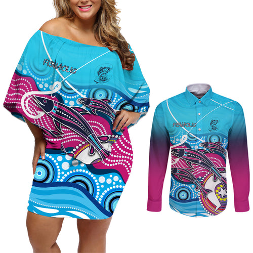 australia-fishing-couples-matching-off-shoulder-short-dress-and-long-sleeve-button-shirts-fishaholic-with-the-dhari-symbol-and-aboriginal-pattern