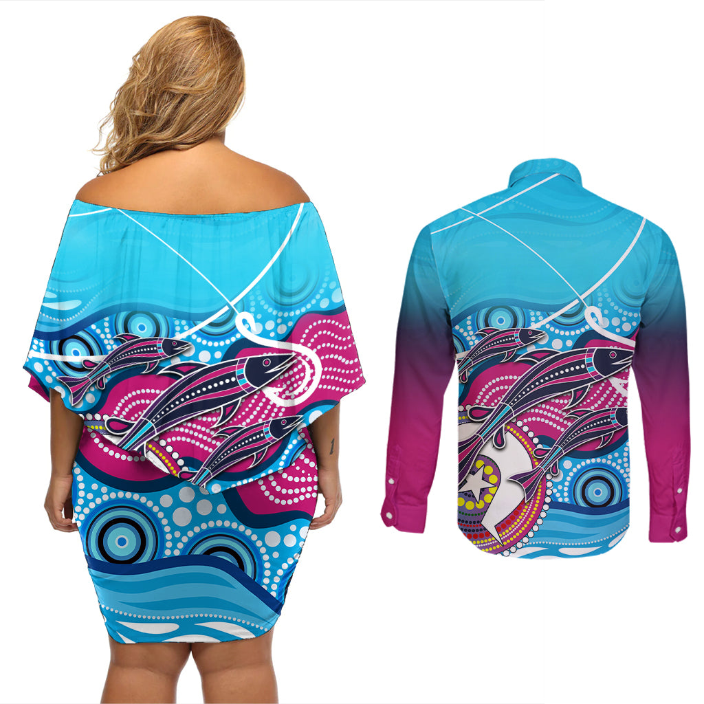 australia-fishing-couples-matching-off-shoulder-short-dress-and-long-sleeve-button-shirts-fishaholic-with-the-dhari-symbol-and-aboriginal-pattern