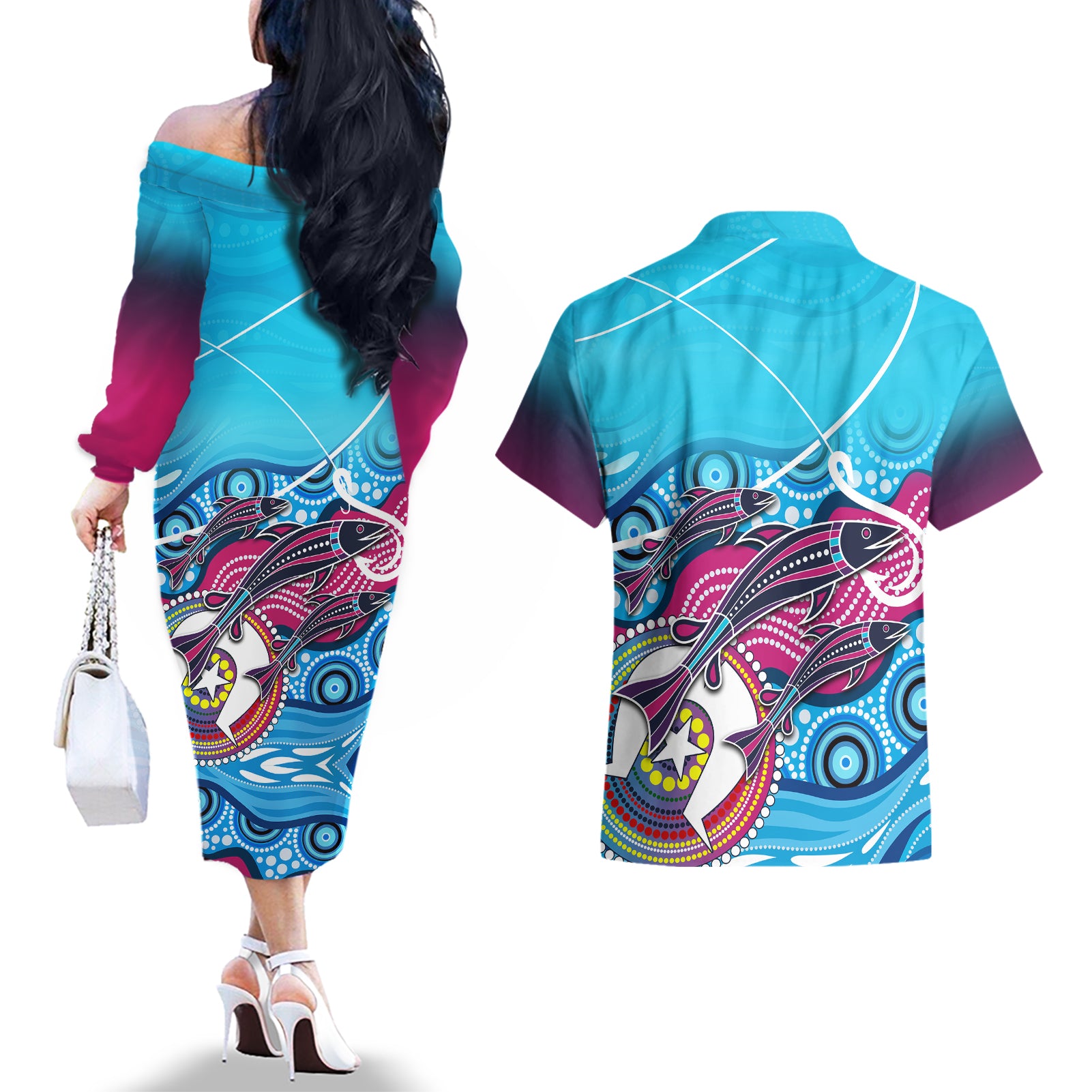 australia-fishing-couples-matching-off-the-shoulder-long-sleeve-dress-and-hawaiian-shirt-fishaholic-with-the-dhari-symbol-and-aboriginal-pattern