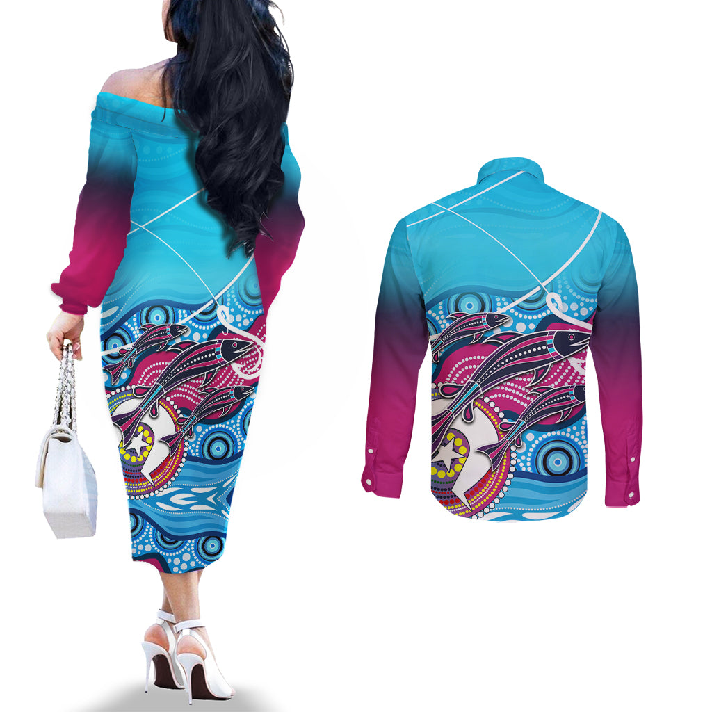 australia-fishing-couples-matching-off-the-shoulder-long-sleeve-dress-and-long-sleeve-button-shirts-fishaholic-with-the-dhari-symbol-and-aboriginal-pattern
