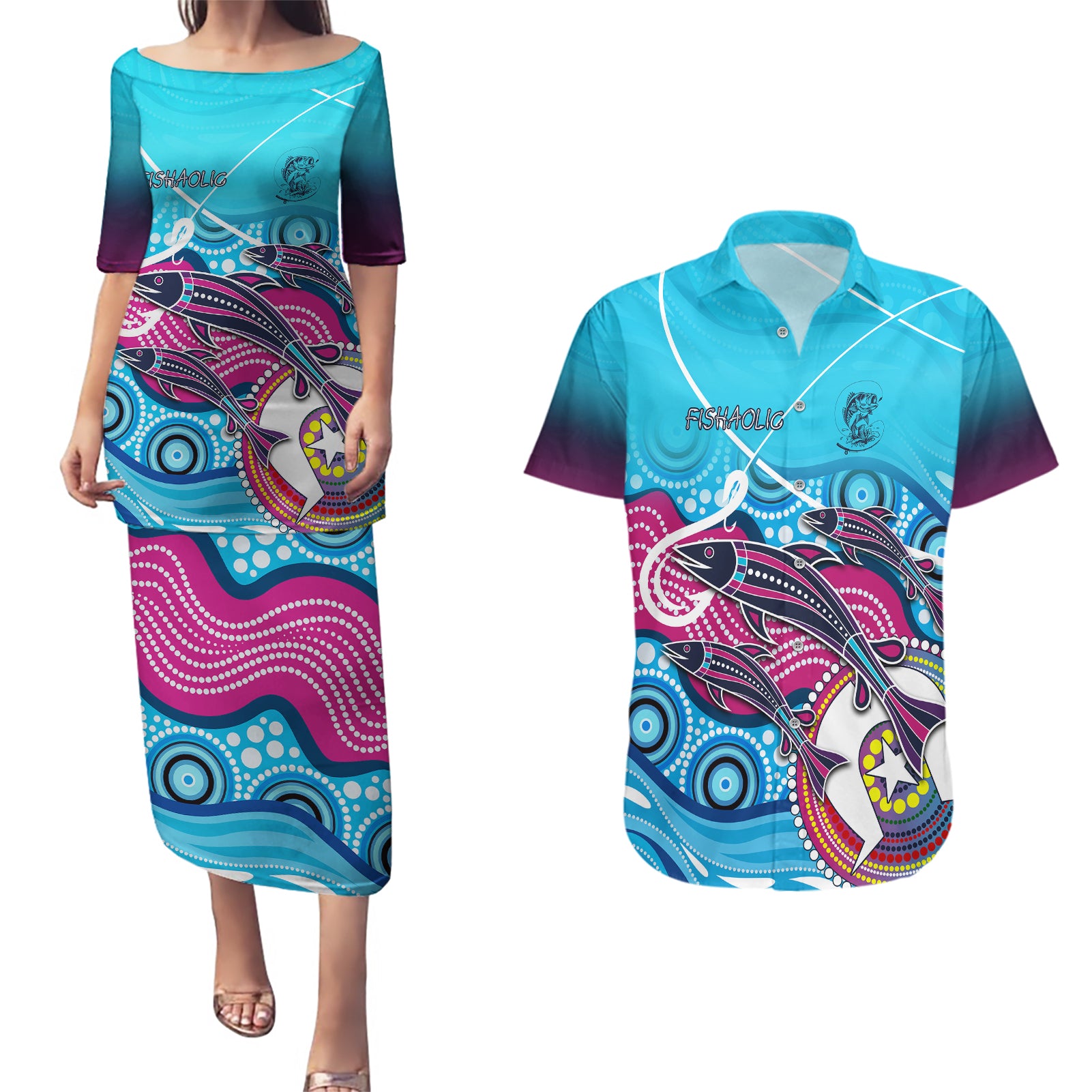 australia-fishing-couples-matching-puletasi-dress-and-hawaiian-shirt-fishaholic-with-the-dhari-symbol-and-aboriginal-pattern