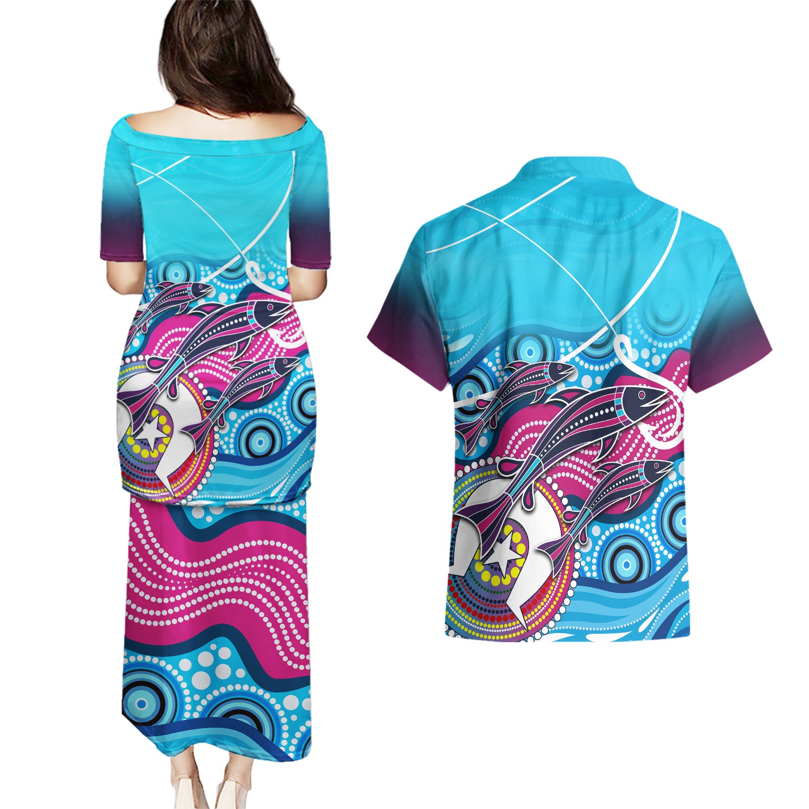 australia-fishing-couples-matching-puletasi-dress-and-hawaiian-shirt-fishaholic-with-the-dhari-symbol-and-aboriginal-pattern