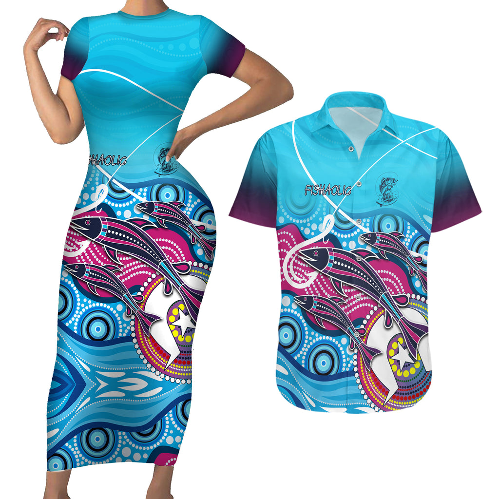 australia-fishing-couples-matching-short-sleeve-bodycon-dress-and-hawaiian-shirt-fishaholic-with-the-dhari-symbol-and-aboriginal-pattern
