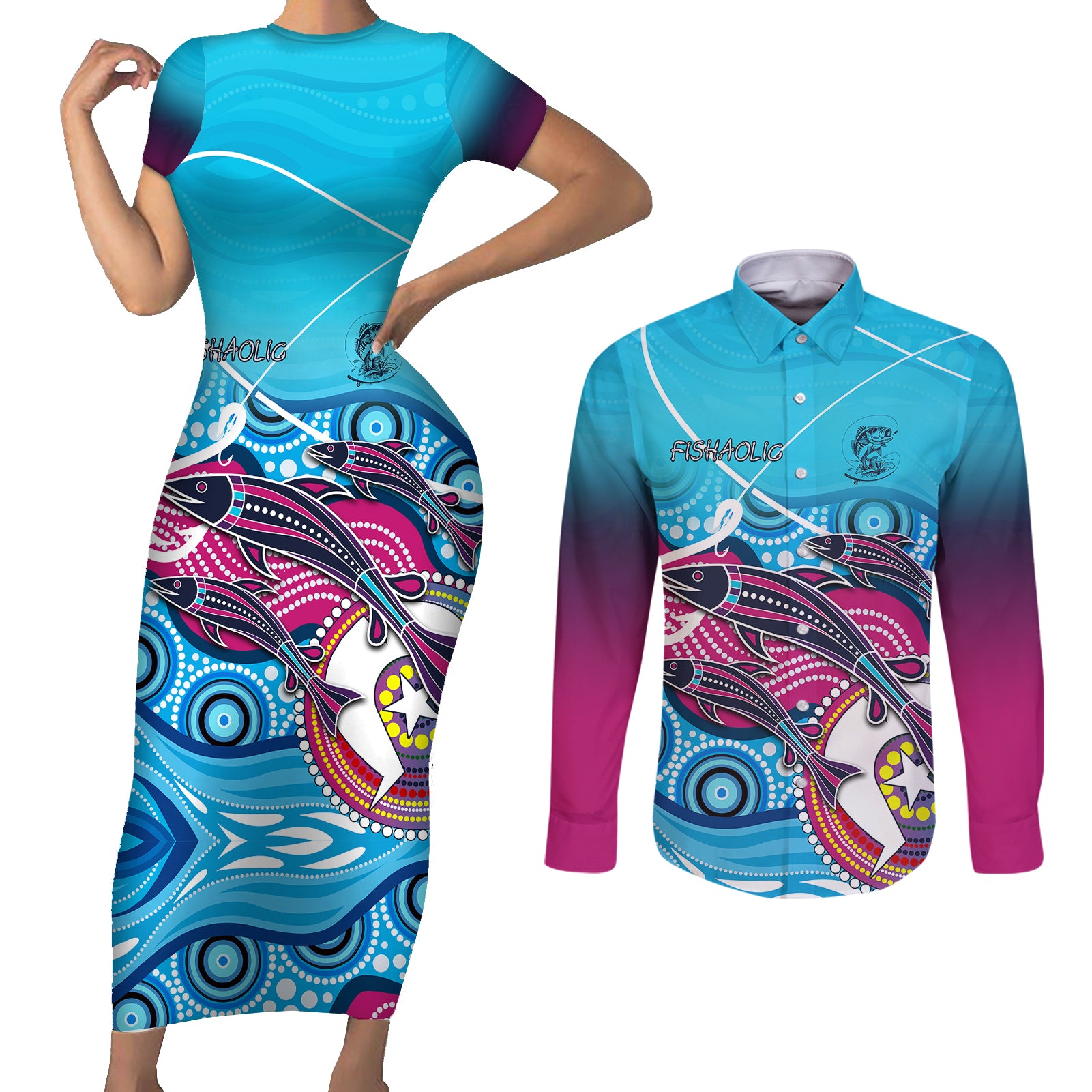australia-fishing-couples-matching-short-sleeve-bodycon-dress-and-long-sleeve-button-shirts-fishaholic-with-the-dhari-symbol-and-aboriginal-pattern