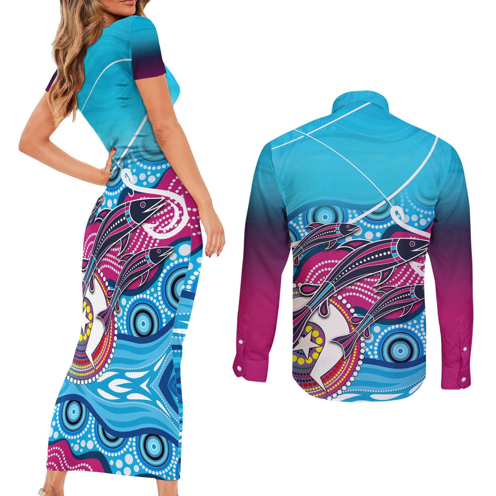 australia-fishing-couples-matching-short-sleeve-bodycon-dress-and-long-sleeve-button-shirts-fishaholic-with-the-dhari-symbol-and-aboriginal-pattern