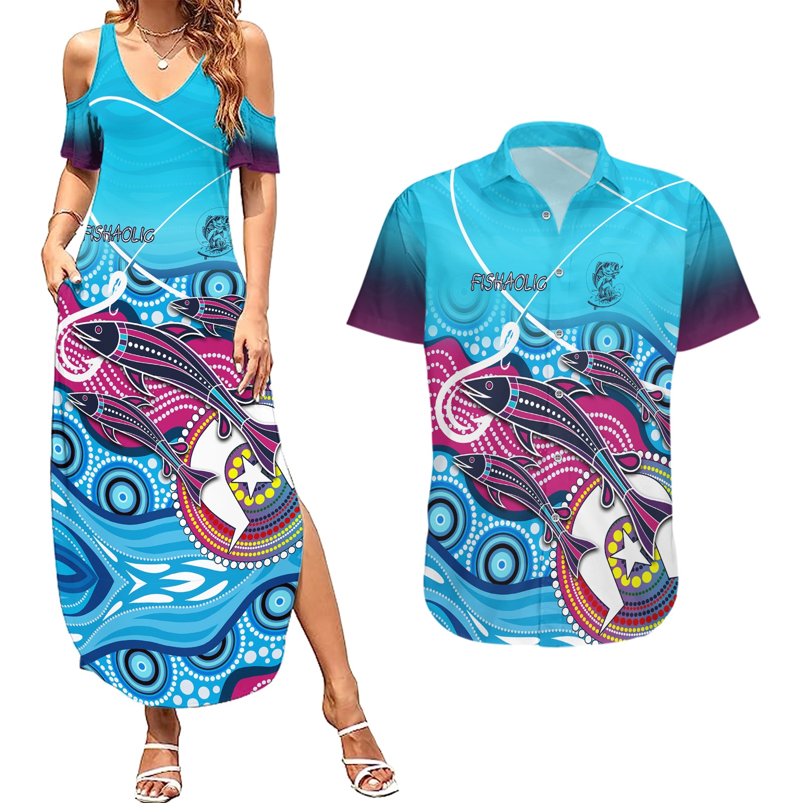 australia-fishing-couples-matching-summer-maxi-dress-and-hawaiian-shirt-fishaholic-with-the-dhari-symbol-and-aboriginal-pattern