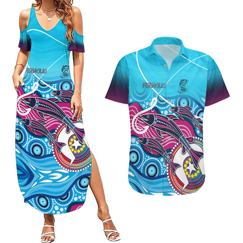 australia-fishing-couples-matching-summer-maxi-dress-and-hawaiian-shirt-fishaholic-with-the-dhari-symbol-and-aboriginal-pattern