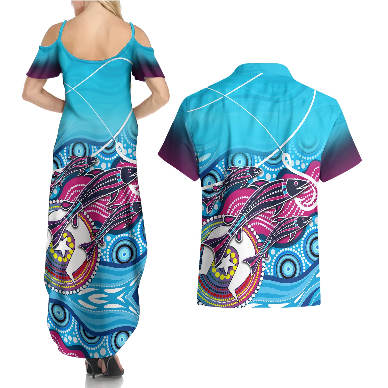 australia-fishing-couples-matching-summer-maxi-dress-and-hawaiian-shirt-fishaholic-with-the-dhari-symbol-and-aboriginal-pattern