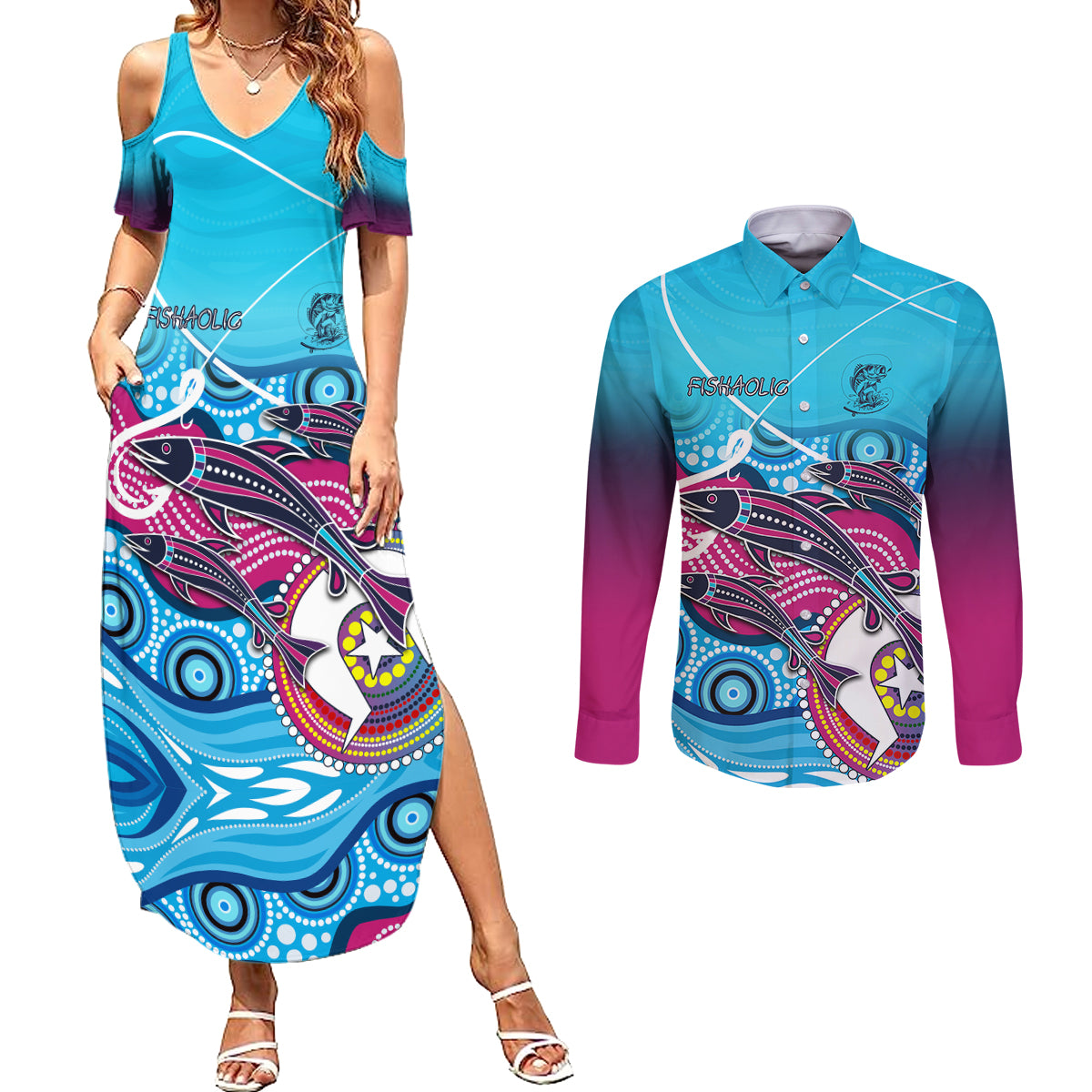 australia-fishing-couples-matching-summer-maxi-dress-and-long-sleeve-button-shirts-fishaholic-with-the-dhari-symbol-and-aboriginal-pattern