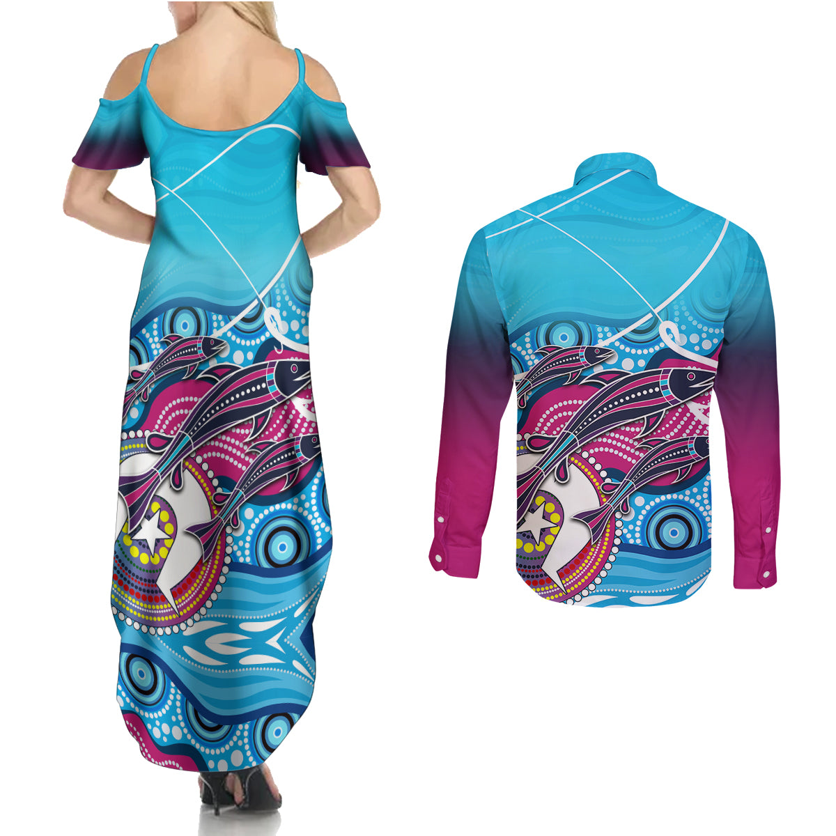 australia-fishing-couples-matching-summer-maxi-dress-and-long-sleeve-button-shirts-fishaholic-with-the-dhari-symbol-and-aboriginal-pattern